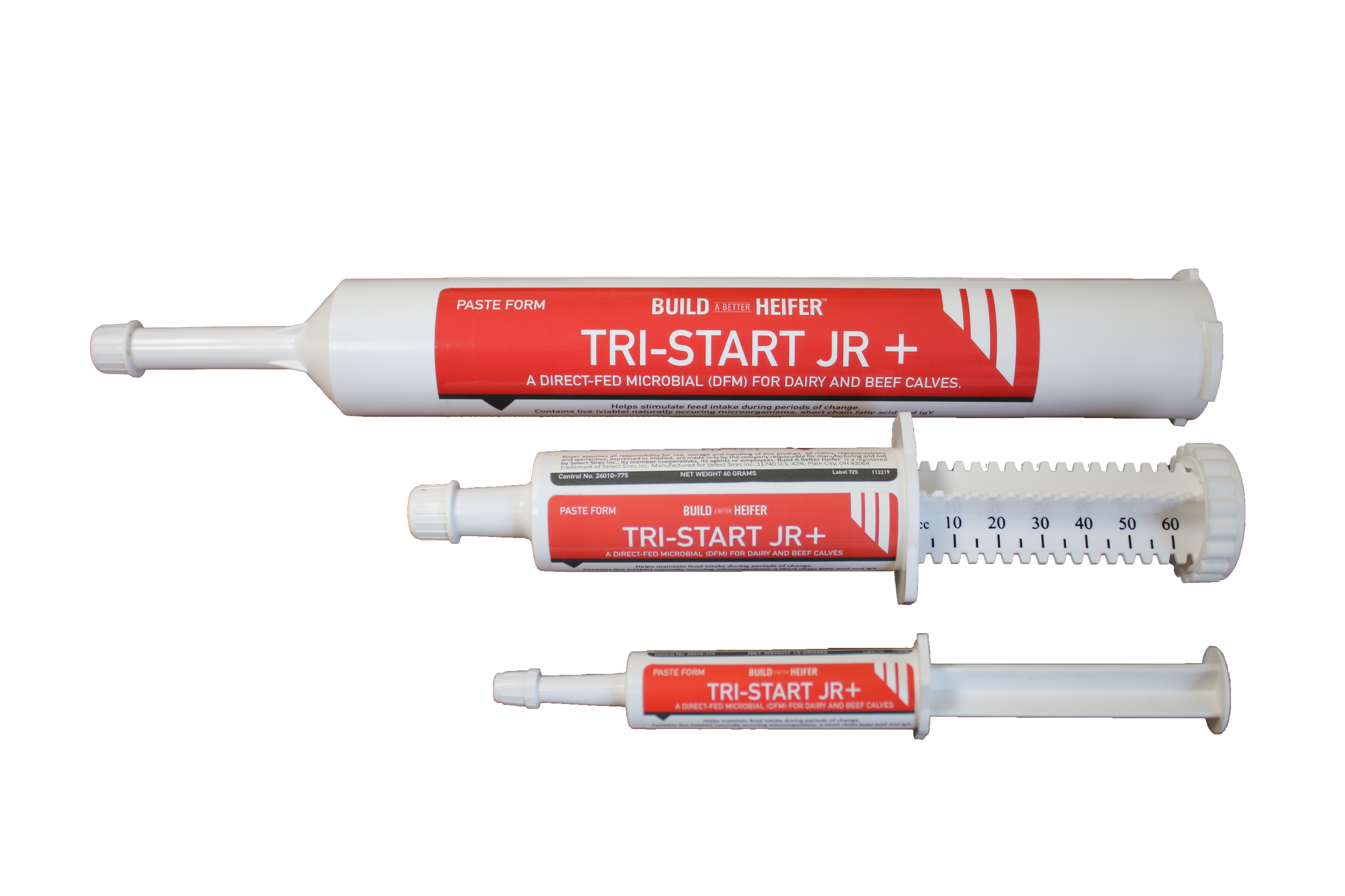 two multi dose tubes and a single dose tube of tri start Jr.+ paste